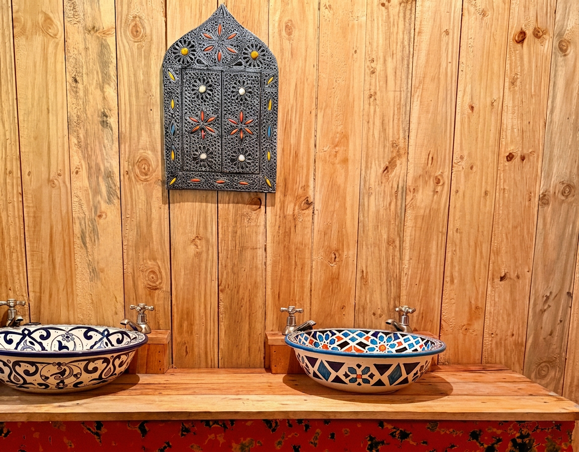 Twin hand-painted Moroccan ceramic sinks on a raw timber counter